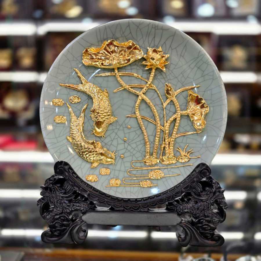 24K Gold-Plated Ceramic Plate | Carp and Lotus Design - Symbol of Prosperity & Purity | Tinh Tan Art