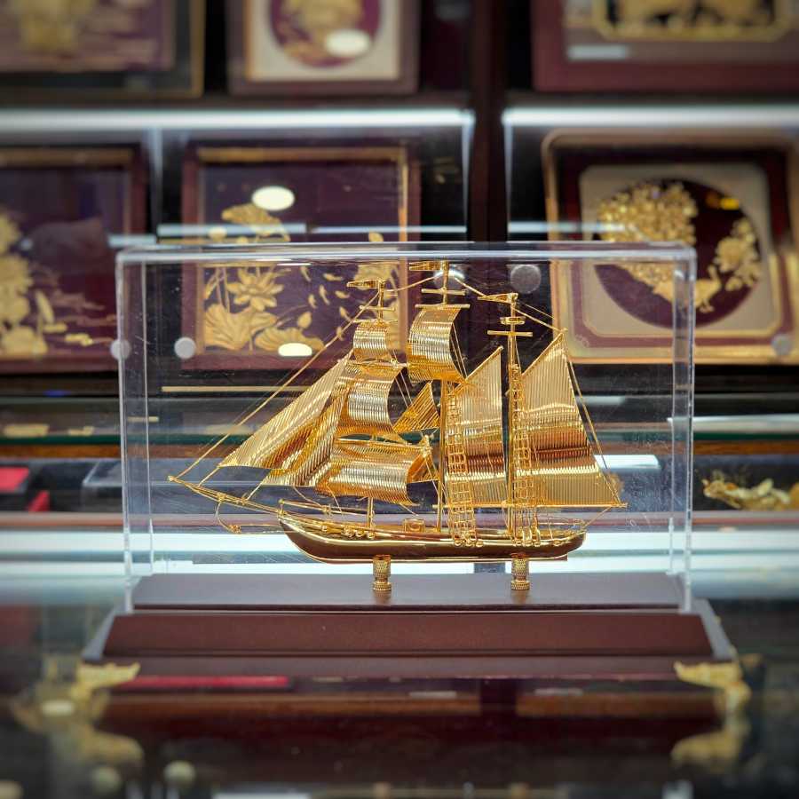 Golden Sailing Ship Model | 24K Gold Feng Shui Gift for Success - Tinh Tan Art