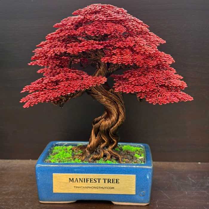 Red Manifest Lucky Tree - Handmade Wire Bonsai Sculptures for Good Fortune, Passion & Success