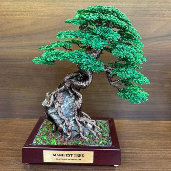 Green Lucky Money Tree On The Rock - Handmade Wire Bonsai Sculptures for Wealth, Growth & Good Fortune