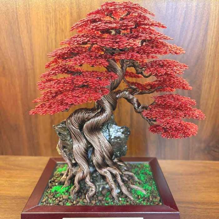 Red Wire Bonsai On The Rock - Handmade Wire Bonsai Sculptures for Passion, Courage & Good Fortune