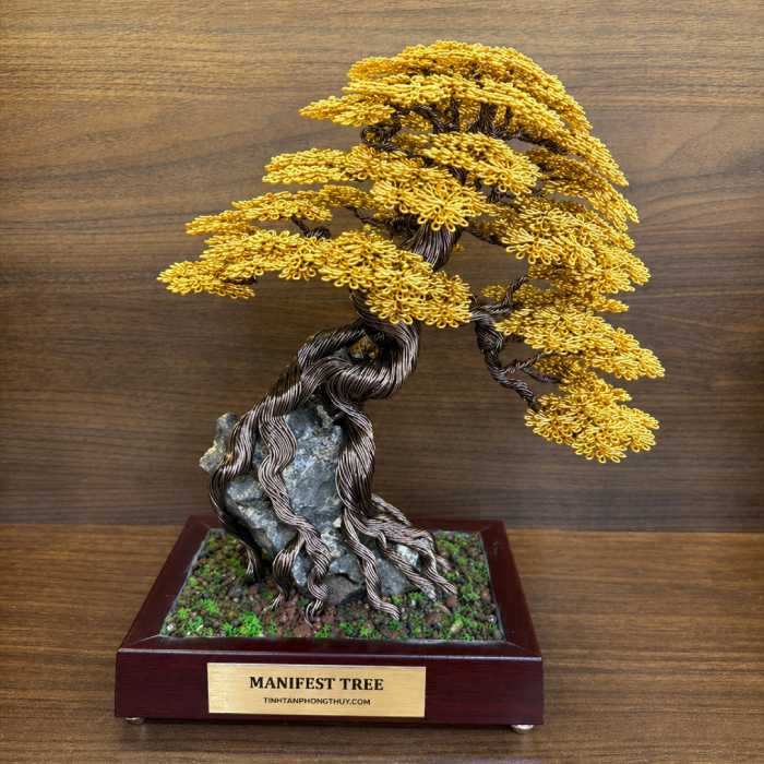 Yellow Wire Bonsai On The Rock - Handmade Wire Bonsai Sculptures for Prosperity, Success & Positive Energy