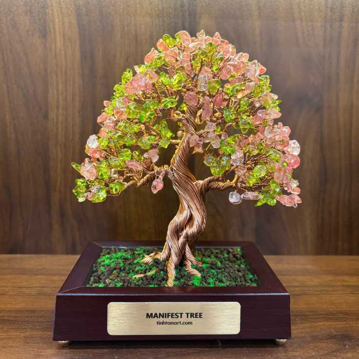 Green Jade & Rose Quartz Manifest Tree - Handmade Wire Bonsai Sculptures for Love, Prosperity & Harmony
