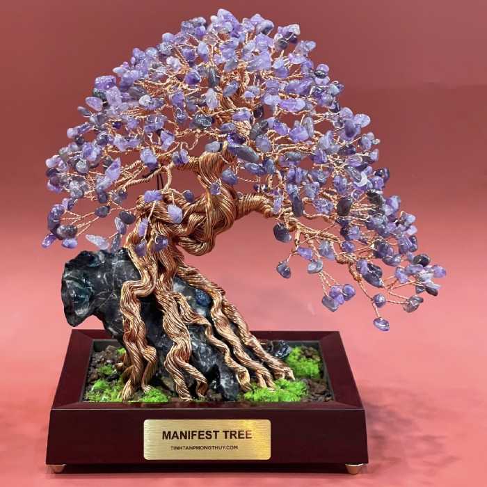 Amethyst On The Rock Manifest Tree - Handmade Wire Bonsai Sculptures for Wisdom, Protection & Inner Stability