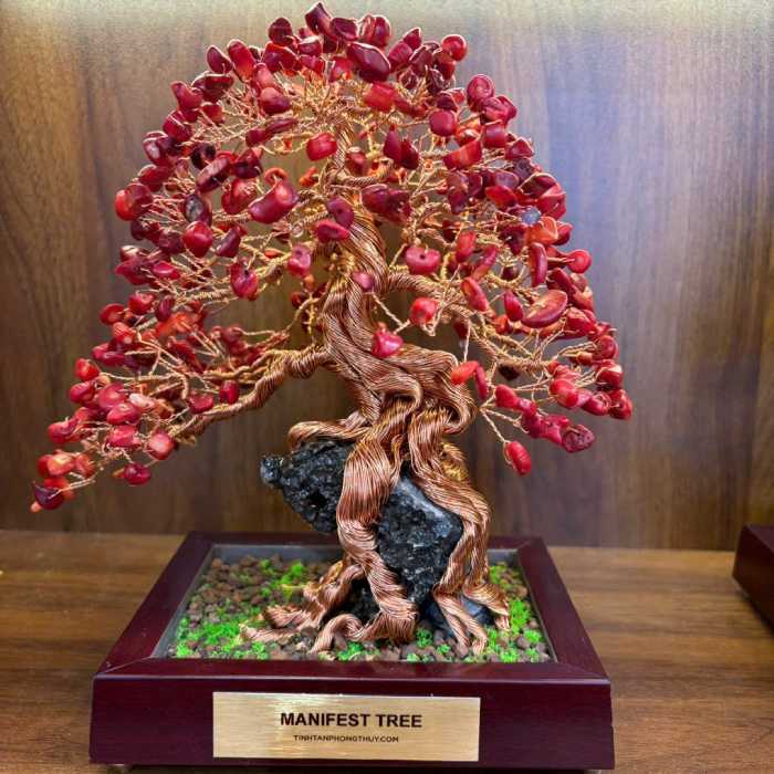 Carnelian On The Rock Manifest Tree - Handmade Wire Bonsai Sculptures for Courage, Vitality & Emotional Strength