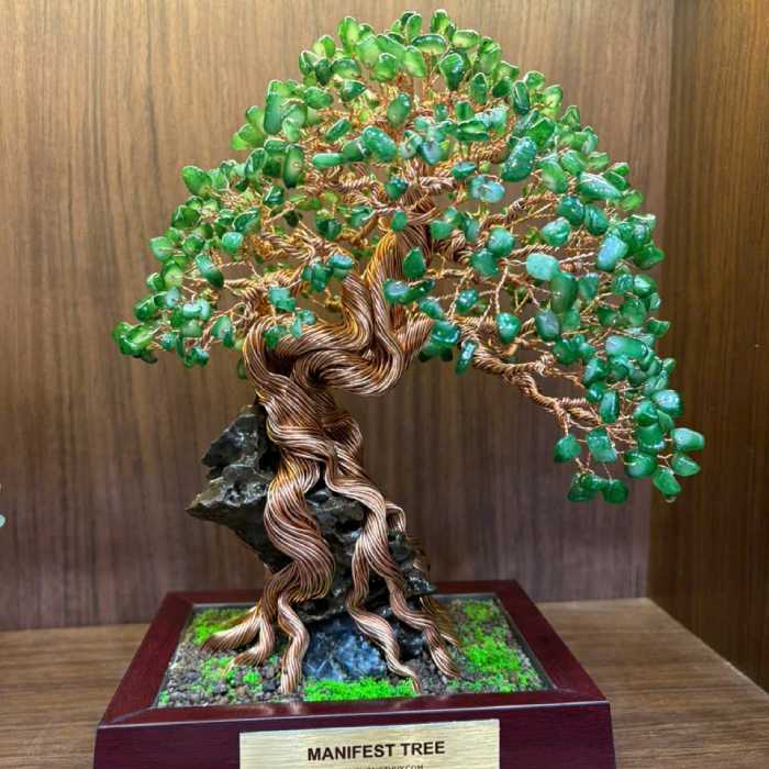 Green Jade - Jadeite - On The Rock Manifest Tree - Handmade Wire Bonsai Sculptures for Prosperity, Wisdom & Lasting Stability