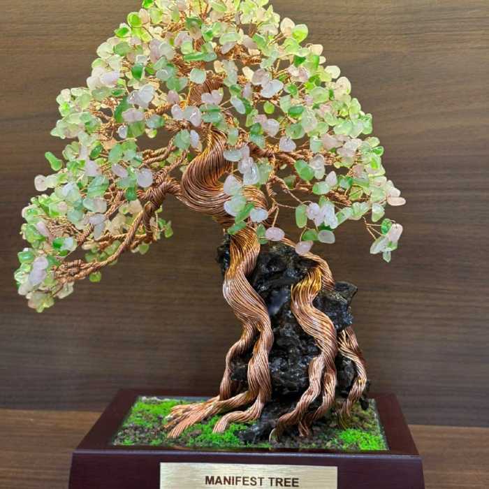 Green Agate & Rose Quartz On The Rock Manifest Tree - Handmade Wire Bonsai Sculptures for Love, Growth & Harmony