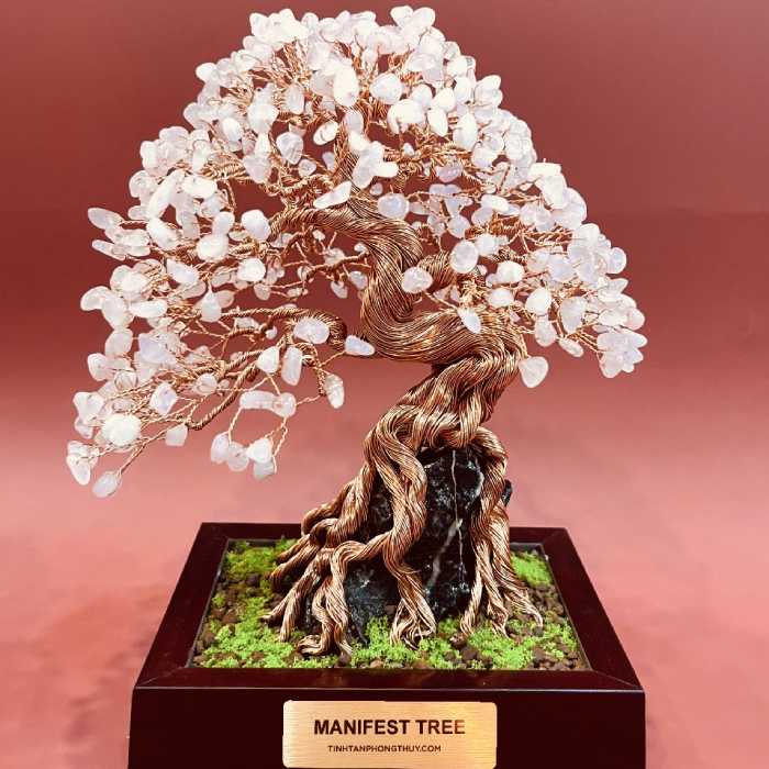 Rose Quartz On The Rock Manifest Tree - Handmade Wire Bonsai Sculptures for Love, Healing & Emotional Strength